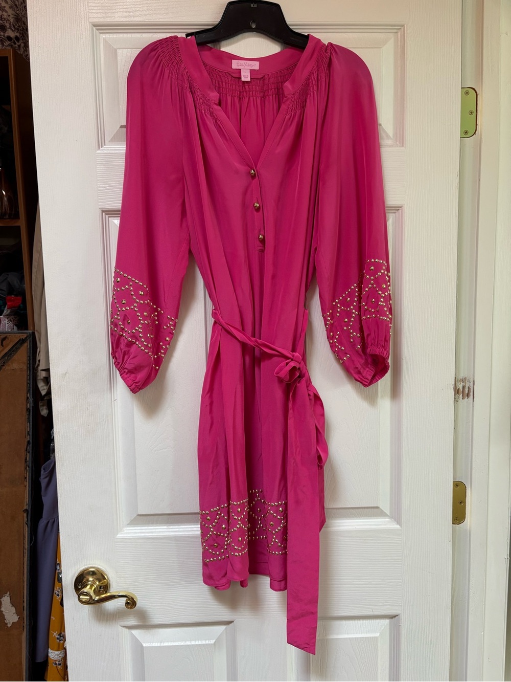 Lilly Pulitzer Hot Pink Embellished Long Sleeve Belted Dress